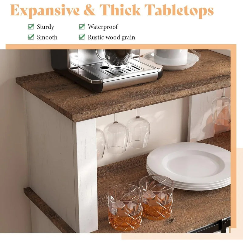 FarmhouseCoffee Bar Cabinet with LEDLights,Buffet Cabinet with Storage&Wine Racks,Home Liquor Cabinet with AdSliding Barn Doors