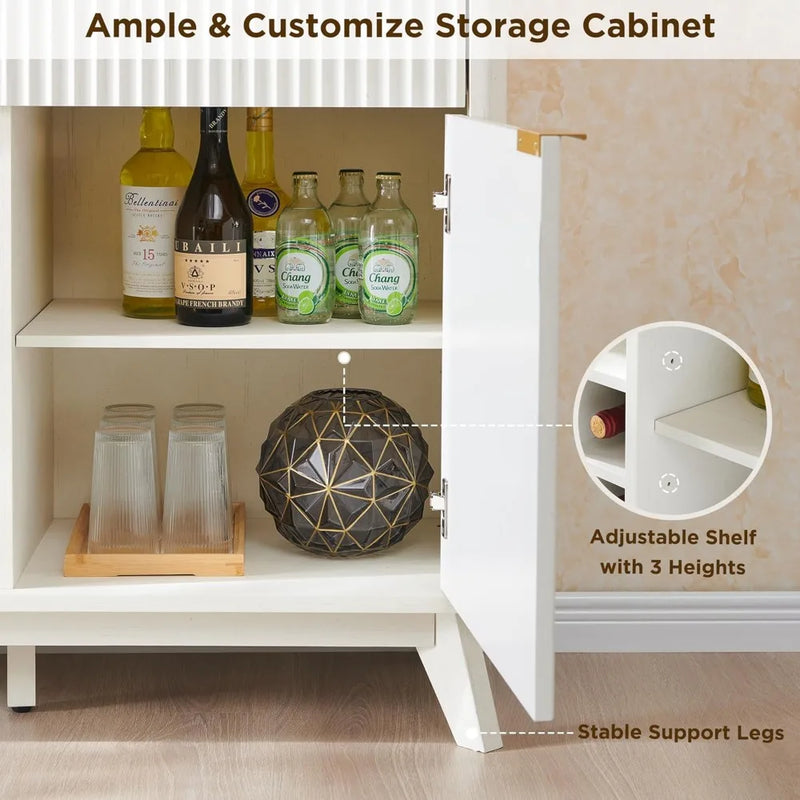 Fluted Wine Bar Cabinet for Liquor, 60" Modern Coffee Bar Cabinet w/Wine & Glass Rack, Large Buffet Sideboard w/ 3 Storage D