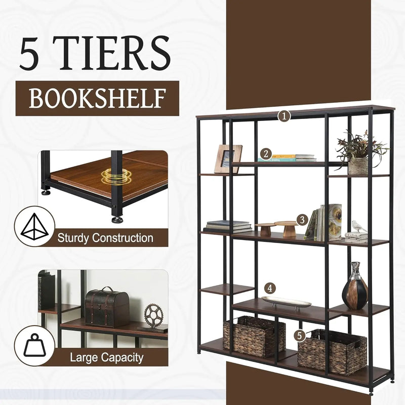 5 Tier Bookshelf, Industrial Tall Bookcase, Rustic Freestanding Storage Shelf For Living Room, Bedroom And Home Office, Metal