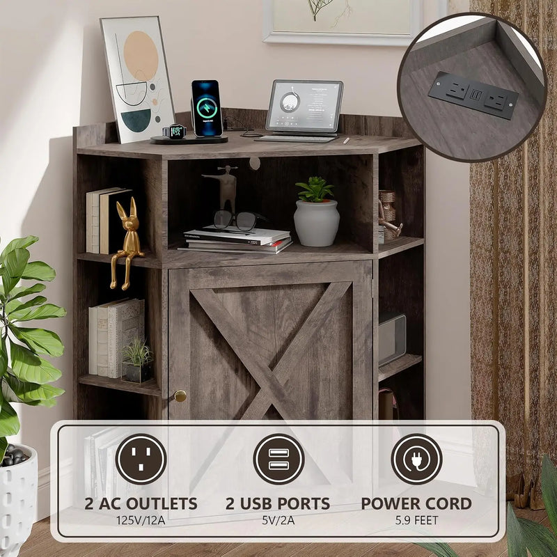 Corner Storage Shelf with USB Ports and Outlets Industrial Organizer for Small Space Wooden 6-Cubby Bookshelf for Study Playroom