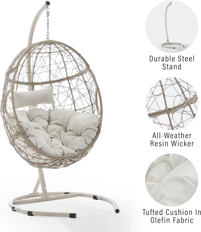 Furniture Indoor Outdoor Hanging Egg Chair with Stand for Patio, Porch, Deck, Light Brown with Sand Cushions
