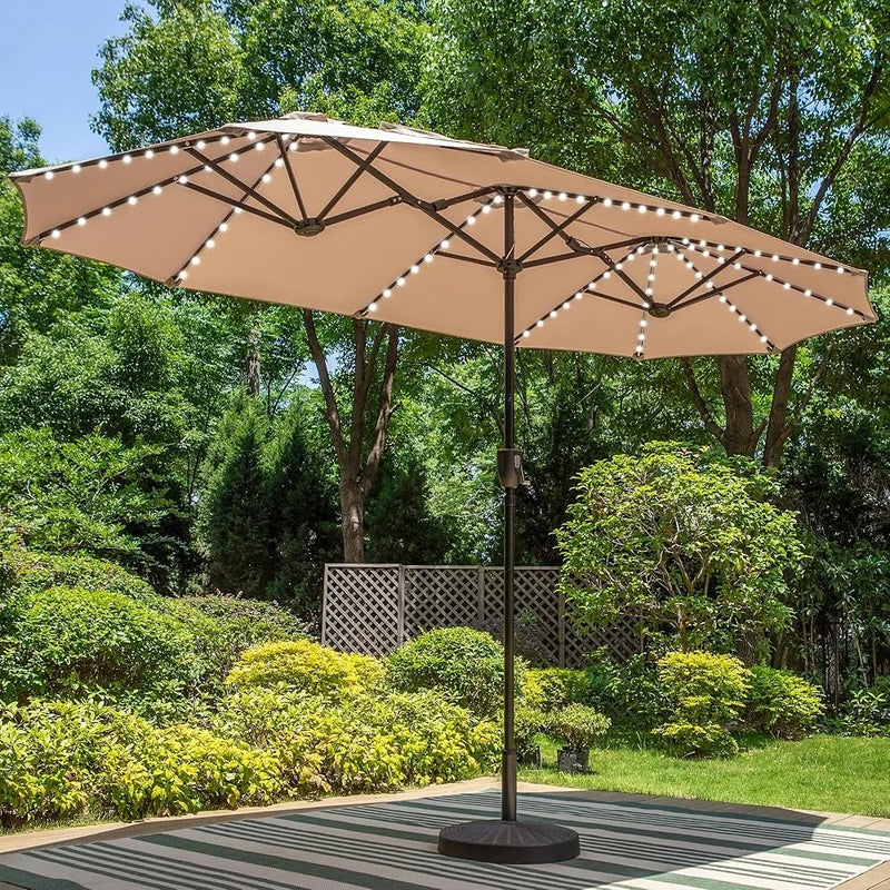 13ft Double-Sided Patio Umbrella with Solar LED Lights Durable Outdoor Market Umbrella UV Resistant Canopy Garden Beach