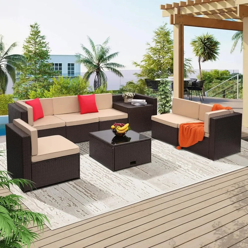 8 Pieces Outdoor Wicker Rattan Patio Furniture Set, Glass Top Table with Hidden Storage, 7 Sofa Sections, Oversized Cushions