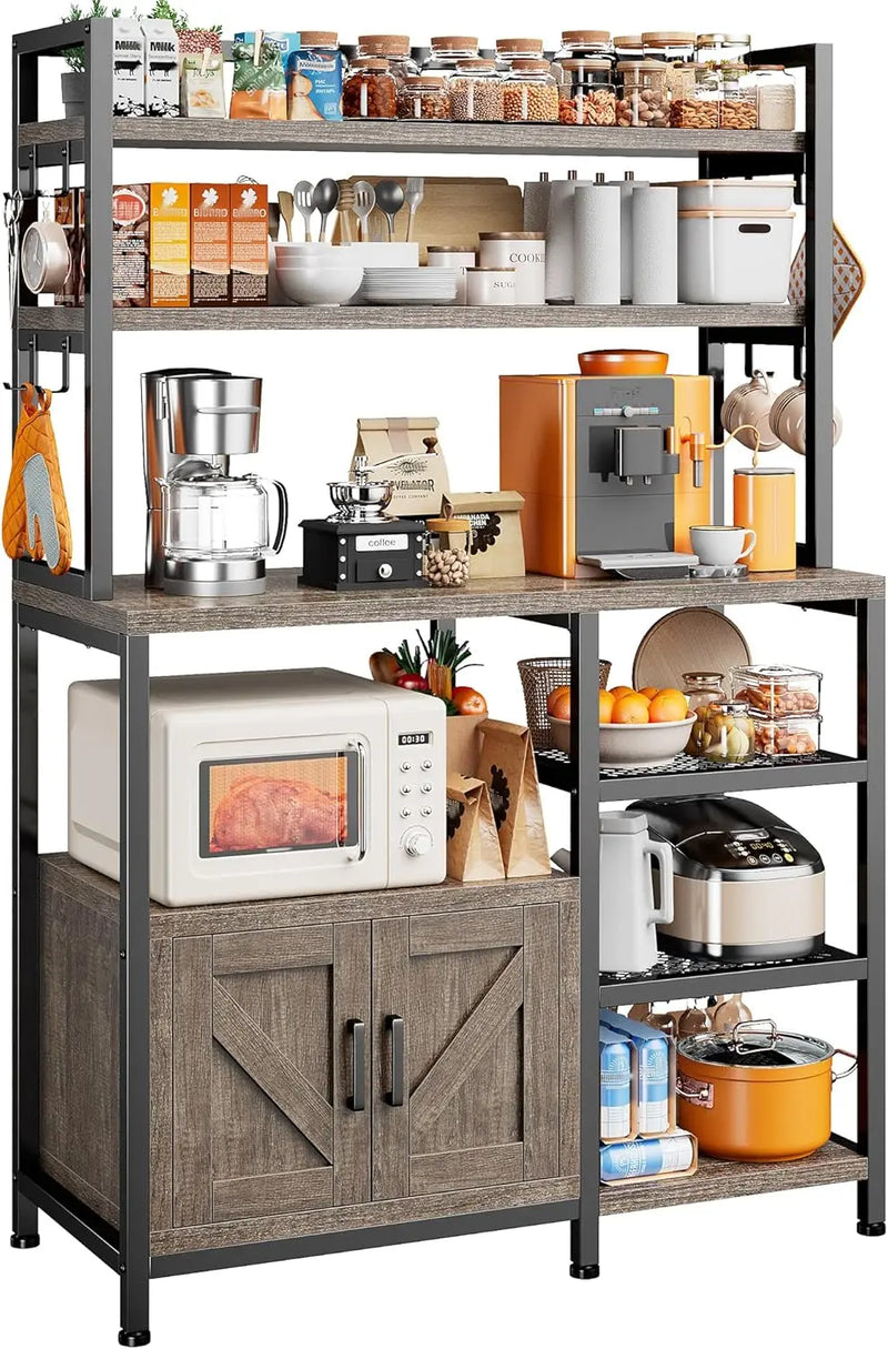 Bakers Rack for Kitchen with Storage, 6 Tier Coffee Bar with Storage Cabinet, Microwave Stand with Large Capacity and Side Hooks