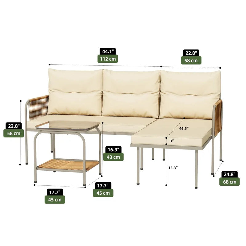 3-Piece Outdoor Wicker Patio Furniture Set -Rattan L-Shaped Sectional Sofa with Detachable Lounger, Table, and Cushions