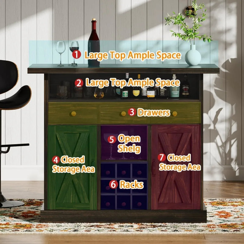 Farmhouse Home Bar Unit with 4-Tier Storage, 52 Inch Home Bar Table with 3 Drawers and 9 Wine Racks, Wine and Liquor Cabinet