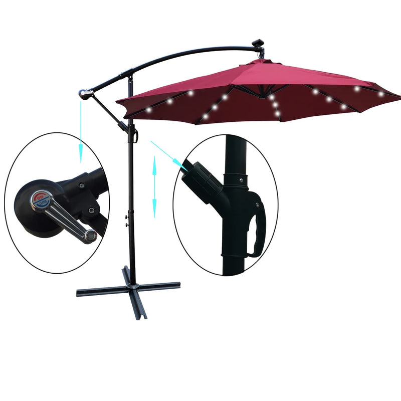 10 ft Outdoor Patio Umbrella Solar Powered LED Lighted Sun Shade Market Waterproof 8 Ribs Umbrella with Crank and Cross Base for