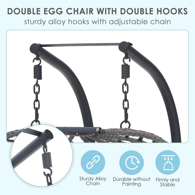 Double Egg Chair Swing with Stand, Oversized Hand-Woven Wicker Rattan 2-Person Egg Chairs for Outdoor Indoor, Hanging Egg Chair