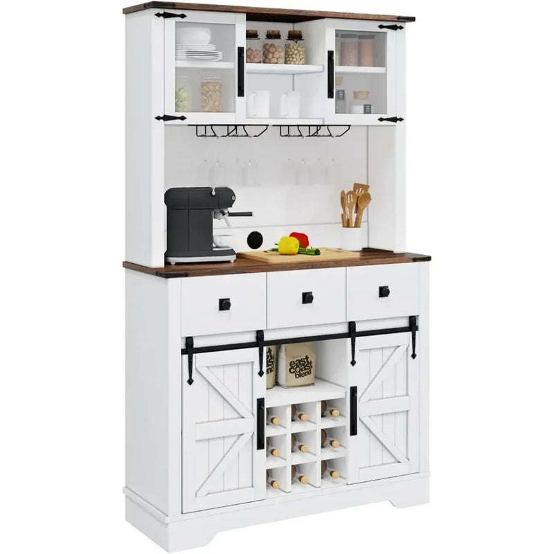 Farmhouse Coffee Bar Cabinet with Storage, Tall Bar Cabinet with 3 Drawers, Wine Bar Cabinet with Sliding Barn Doors
