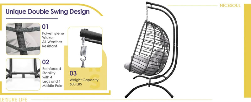 2 Person Double Egg Chair Outdoor Patio Wicker Loveseat Hanging Chair Swing Egg Chairs with Beige Cushions Double Seats