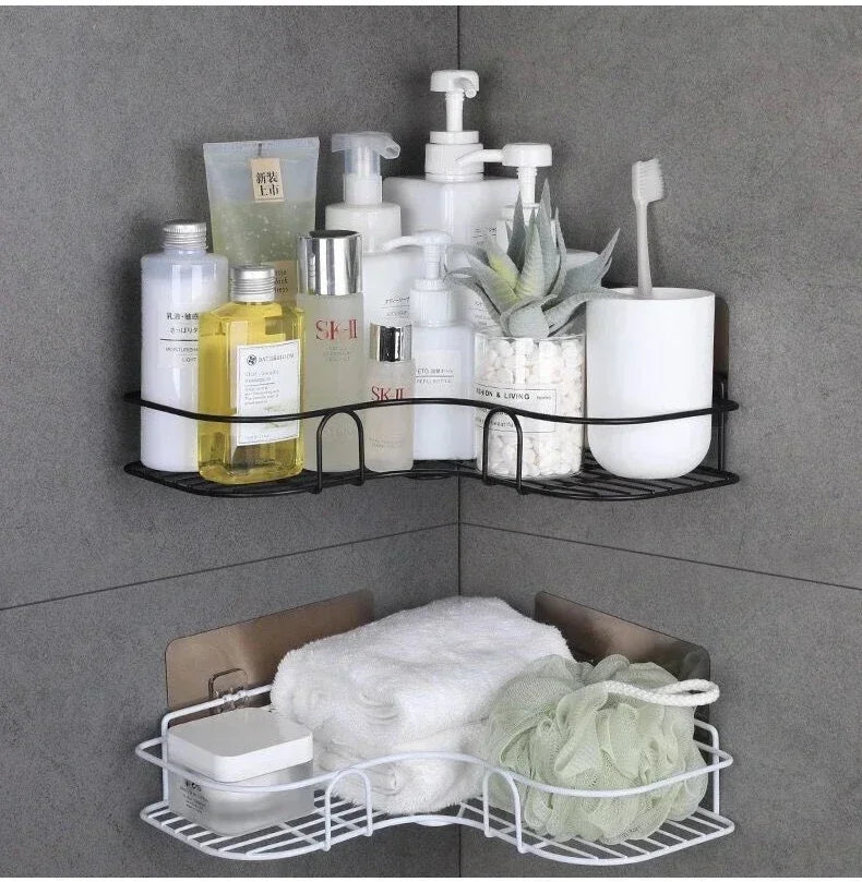 Bathroom Corner Triangle Shelf Wall Mounted Storage Shelves Shampoo Holder Cosmetic Rack Iron Shower Drain Basket Organizer