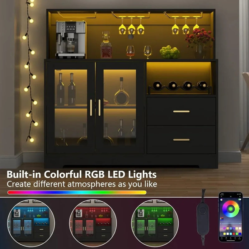 Bar Cabinet with LED Lights, Home Coffee Cabinet with Wine and Glass Rack, Kitchen Buffet Cabinet