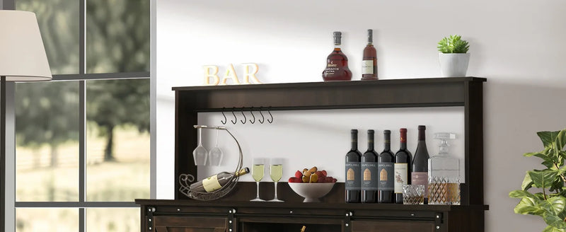 Farmhouse Coffee Bar Cabinet with 6 Hooks, 47 Inch Coffee Bar Hutch with 9 Wine Racks, Coffee Bar Table with Sliding Barn Door