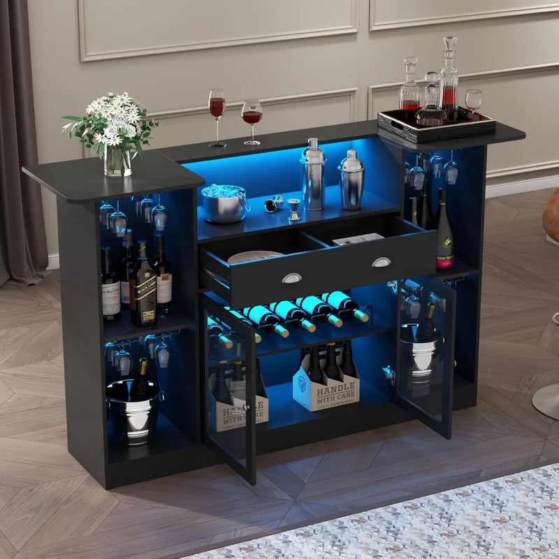Bar Table Cabinet with Drawer, Mini Liquor Bar with 8-Tier Storage & Stemware Holder, Wine with Glass Door