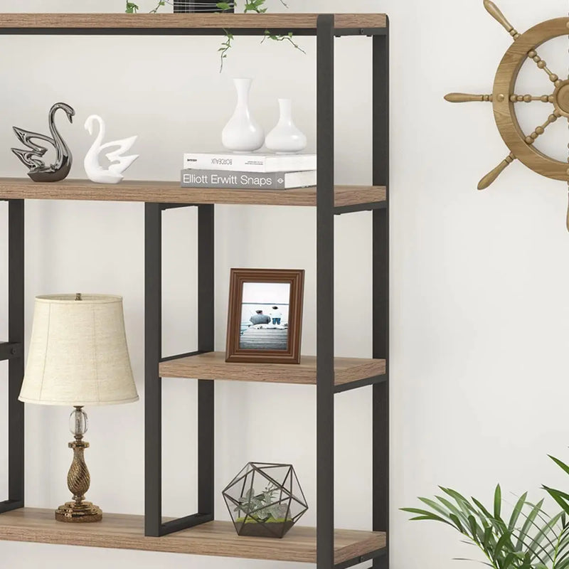 Lvb Tall Industrial Etagere Bookcase, Modern Wood Large Open 6 Tier Bookshelf, Vintage Wide Metal Book Shelf Organizer,