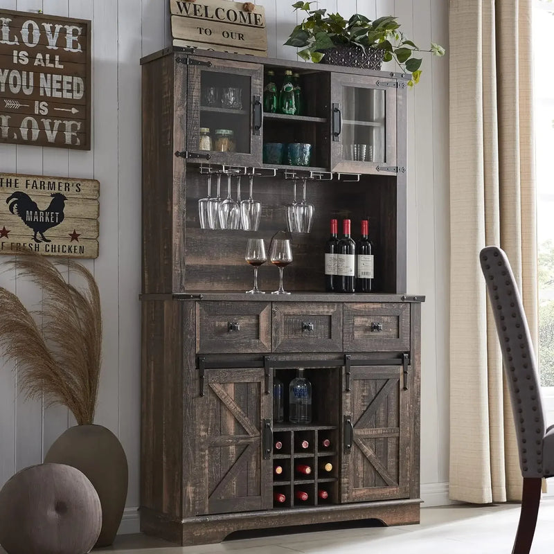 72" Farmhosue Bar Cabinet with Sliding Barn Door, Large Kitchen Buffet with Hutch w/Wine & Glasses Rack, 3 Drawers, 12 Stora