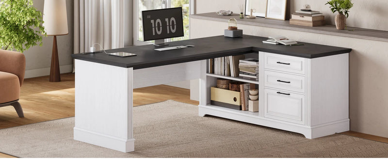 Computer Desk, Farmhouse 61" Executive L Shaped Desk, Home Office Desk with File Drawers, Computer Desk with Power