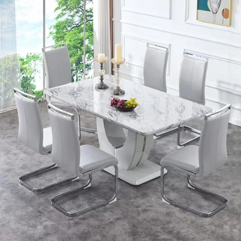 63" Faux Marble Dining Room Table Set,Big Kitchen Dining Table,7 Piece Dining Table Set &6 Pu Leather Upholstered Chairs