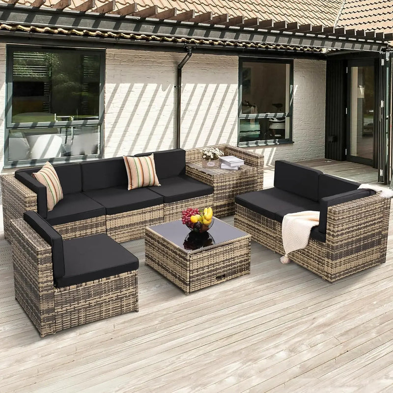 8 Pieces Outdoor Wicker Rattan Patio Furniture Set, Glass Top Table with Hidden Storage, 7 Sofa Sections, Oversized Cushions