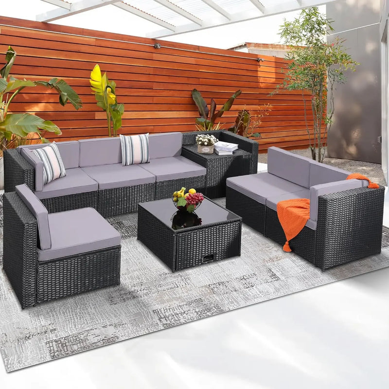 8 Pieces Outdoor Wicker Rattan Patio Furniture Set, Glass Top Table with Hidden Storage, 7 Sofa Sections, Oversized Cushions