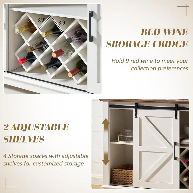 Sideboard Buffet Cabinet with Storage, 55" Farmhouse Coffee Wine Bar Cabinet with LED Light, Barn Doors Storage Cabinet for Home