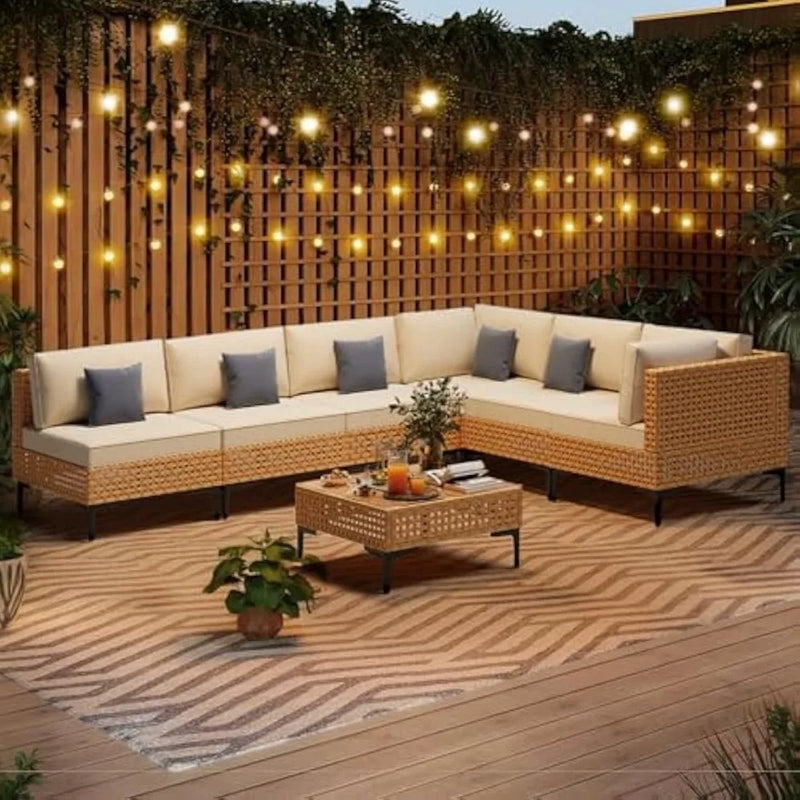 Paito Furniture Set, 110" Large 7-Piece Wicker Outdoor Paito Furniture Sets with Coffee Table,Boho Patioes Set Sectional Sofa