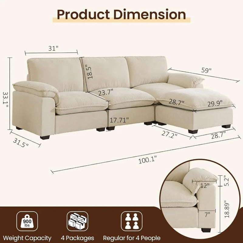 Modular Sectional Sofa Deep Seat Cloud Couch with Reversible Chaise L Shaped Couch