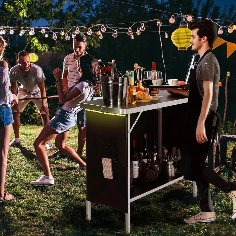 Portable Bar Table with Multi-Color LED Lights, Pop Up Folding Mobile Bar Bartender Table Podium Table for Events