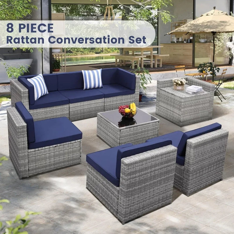 8 Pieces Outdoor Wicker Rattan Patio Furniture Set, Glass Top Table with Hidden Storage, 7 Sofa Sections, Oversized Cushions