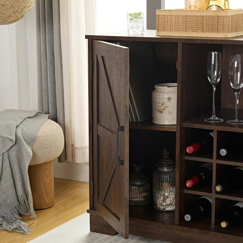 Farmhouse Coffee Bar Cabinet with Storage, 32 inch Table with Barn Door and 9 Wine Racks, Adjustable Shelf, Dining