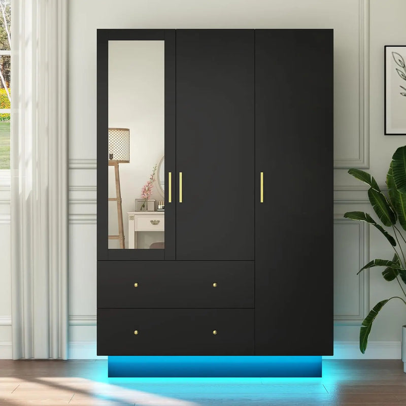 3 Door Armoire Wardrobe Closet Cabinet with Mirror and LED Light, 2 Drawers, 3 Doors,Hanging Rod,Large Capacity Storage Wardrobe