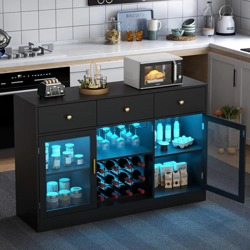 Bar Cabinet with LED Lights, Home Coffee Cabinet with Wine and Glass Rack, Kitchen Buffet Cabinet