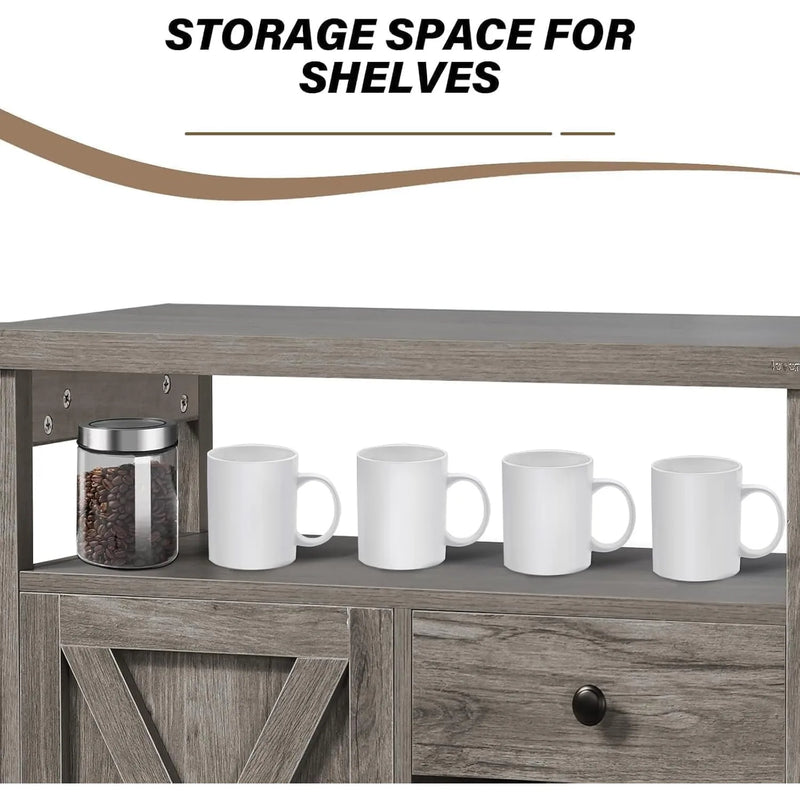 Farmhouse Coffee Bar Cabinet with Storage, 32 inch Coffee Bar Table with Barn Door and 9 Wine Racks, Coffee Bar Accessories