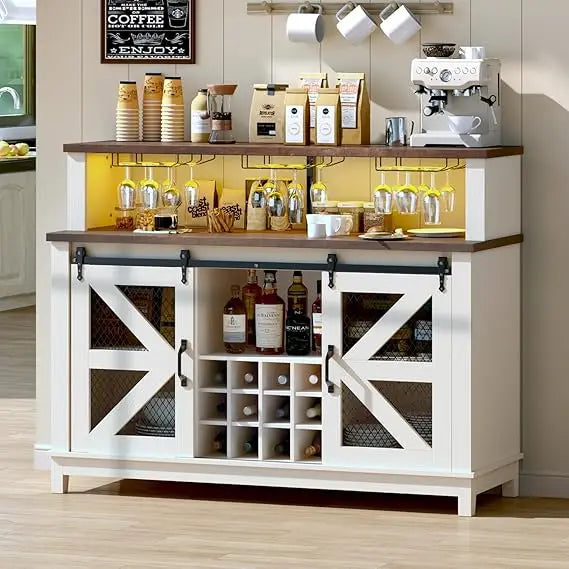 55" Coffee Bar Cabinet with LED Lights, Farmhouse Wine Bar Cabinet for Home with Wine Glass Rack, Kitchen Buffet Cabinet with Sl