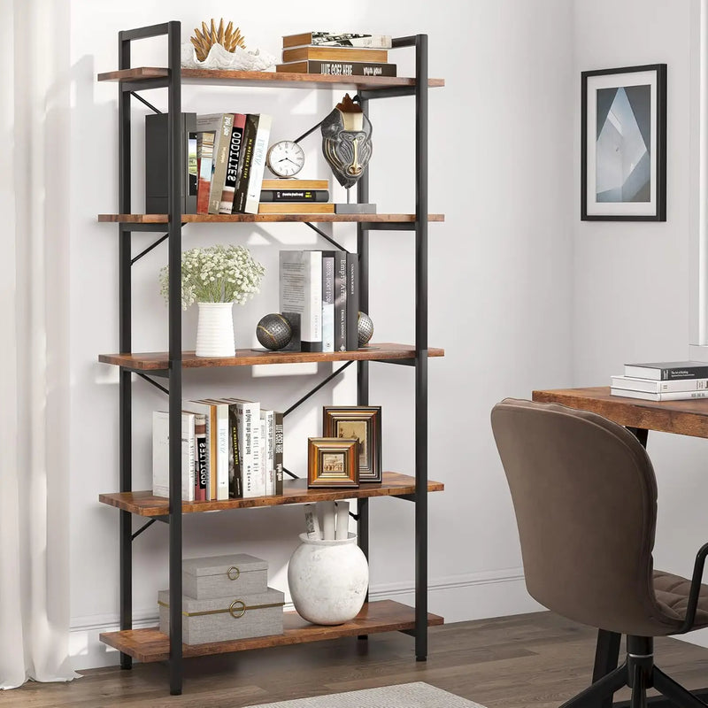 5 Tier Bookshelf, Industrial Etagere Bookcase With Metal Frame, Rustic Tall Book Shelf Unit For Living Room, Study, Home Office