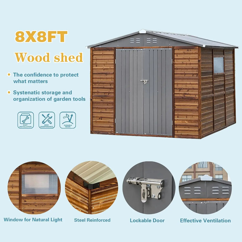 8x8 FT Wood Outdoor Storage Sheds Utility and Tool Garden Shed, Waterproof Storage Shed Large with Doors 8' x 8' Storage Shed