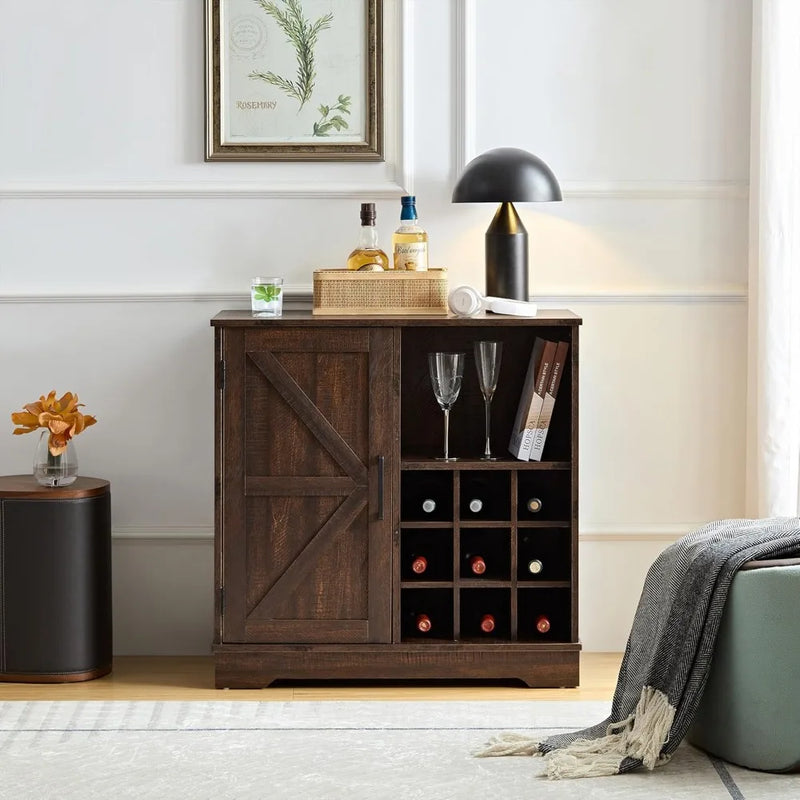 Farmhouse Coffee Bar Cabinet with Storage, 32 inch Table with Barn Door and 9 Wine Racks, Adjustable Shelf, Dining