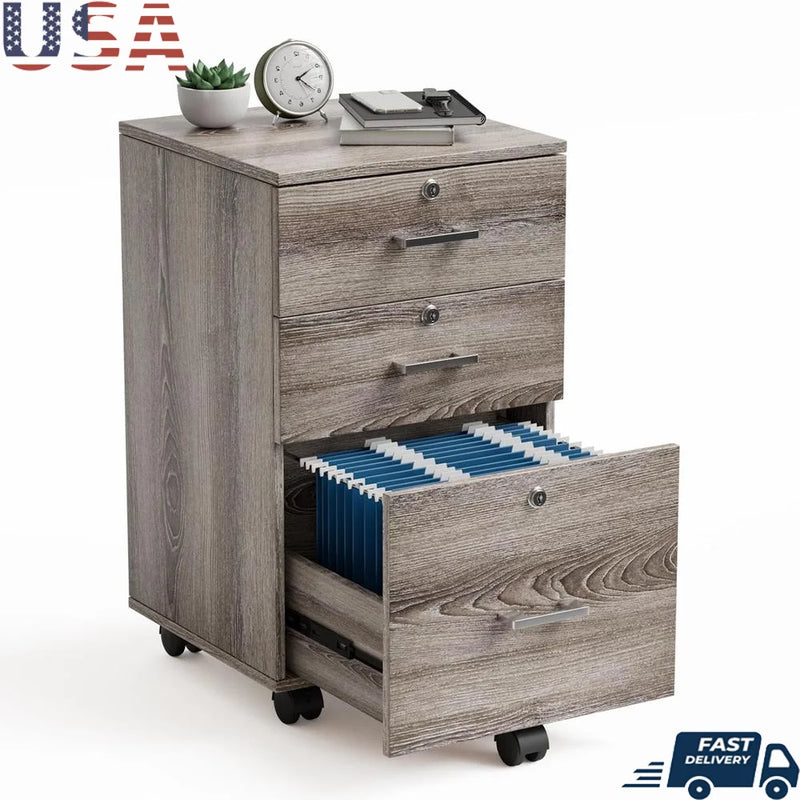 Office Mobile File Cabinet 3-Drawer Lockable Rolling Storage Cabinet Letter-Sized Folders with Handles & Wheels Gray Oak