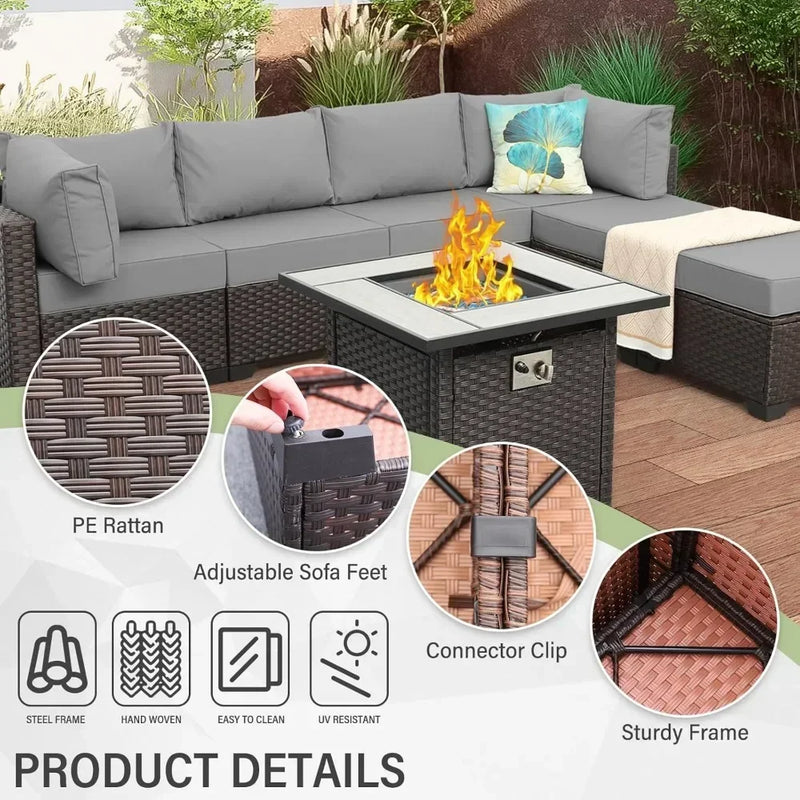 Outdoor Patio Furniture Set 7 Pieces Sectional Sofa with Fire Pit Table, Non-Slip 5" Thick Grey Cushion and Furniture Cover