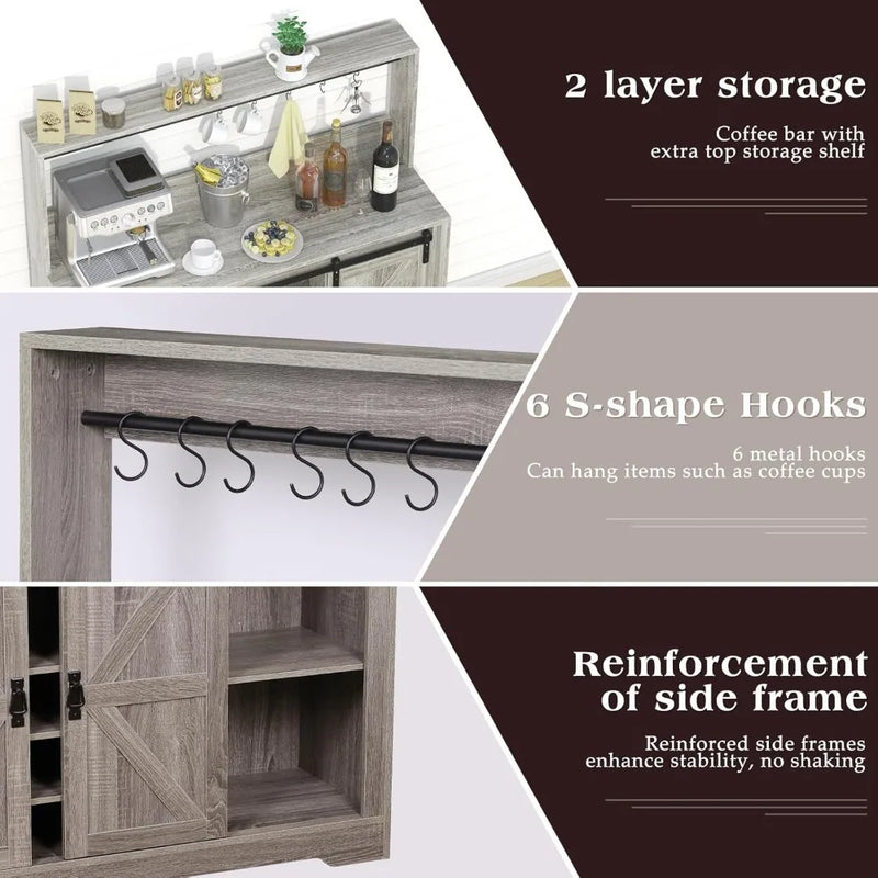 Coffee Bar Cabinet, 47" Farmhouse Kitchen Wine Bar with 6 Hooks, Sliding Barn Door and Adjustable Shelves, Liquor Bar Cabinet w
