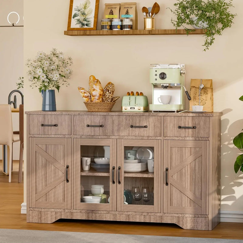 Sideboard Buffet Cabinet with Storage, 55" Kitchen Coffee Bar Cabinet with 3 Drawers & Glass Doors, Farmhouse Sideboard