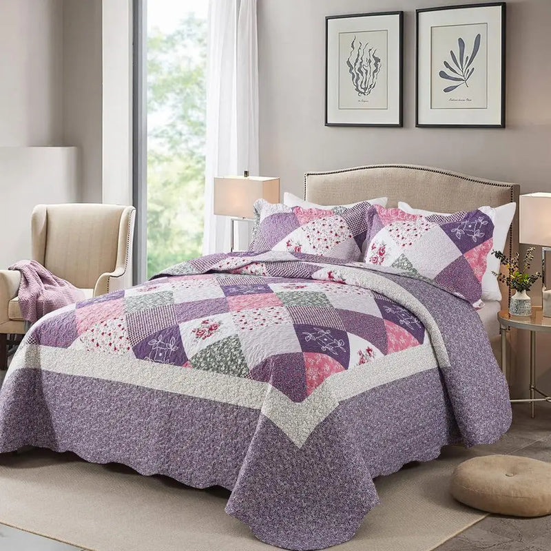 King Size 3 Piece Microfiber Quilt Set Reversible Floral Bedspread Patchwork Coverlet All Season Lightweight Bedding Pets and