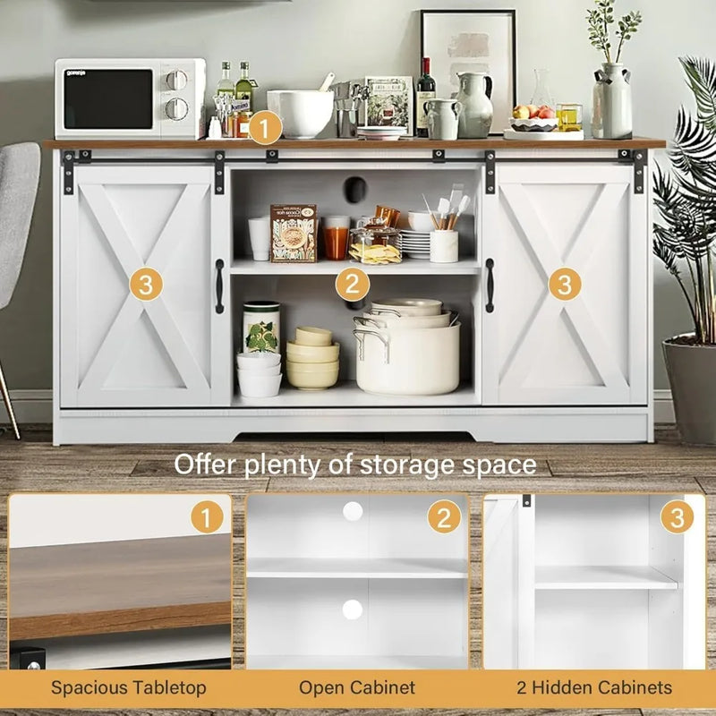 Farmhouse Coffee Bar Cabinet, 59" Buffet Cabinet with Storage & Sliding Barn Doors, Kitchen Storage Cabinet, Coffe