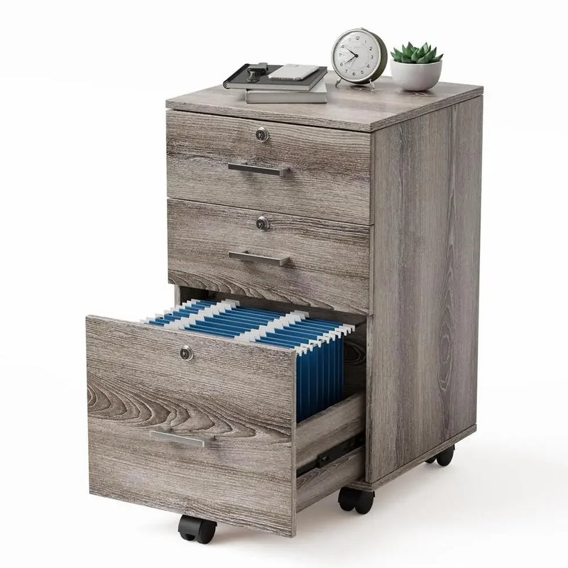 Office Mobile File Cabinet 3-Drawer Lockable Rolling Storage Cabinet Letter-Sized Folders with Handles & Wheels Gray Oak