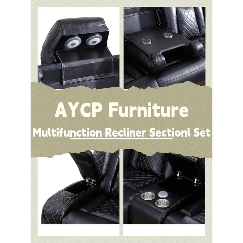 Air Leather Power Recliner Sectional with LED Lights,Reader Lights, Storage Consoles,Cup Holders USB Charging Port Sectional Set