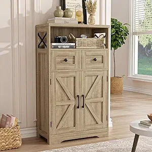 71"H Farmhouse Tall Storage Cabinet, Kitchen Pantry Cabinet with Barn Doors and Adjustable Shelves, Floor Standing Bookshelf 5 T