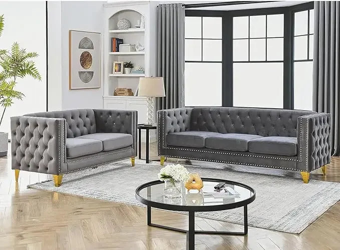 Velvet Living Room Sofa Set of 2, Comfy Loveseat and 3 Seater Couch, Modern Sofa with Tufted Back Upholstered Long Couch
