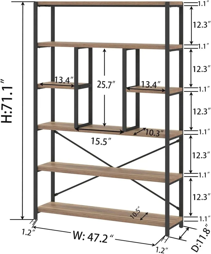 Lvb Tall Industrial Etagere Bookcase, Modern Wood Large Open 6 Tier Bookshelf, Vintage Wide Metal Book Shelf Organizer,