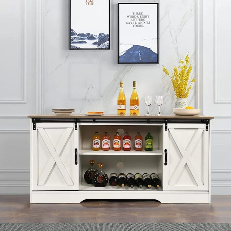 Farmhouse Coffee Bar Cabinet, 59" Buffet Cabinet with Storage & Sliding Barn Doors, Kitchen Storage Cabinet, Coffe