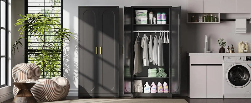 71" Tall Metal Storage Cabinet, Armoire Wardrobe Closet with Hanging Rod